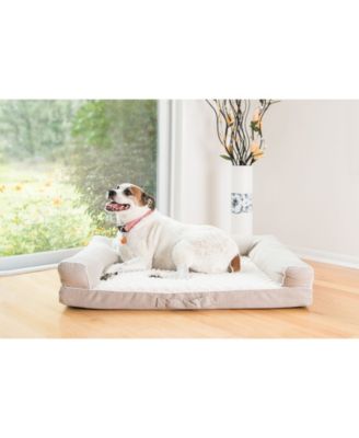 D07B Medium Bolstered Pet Bed Cushion With Memory Foam, Ivory & Beige