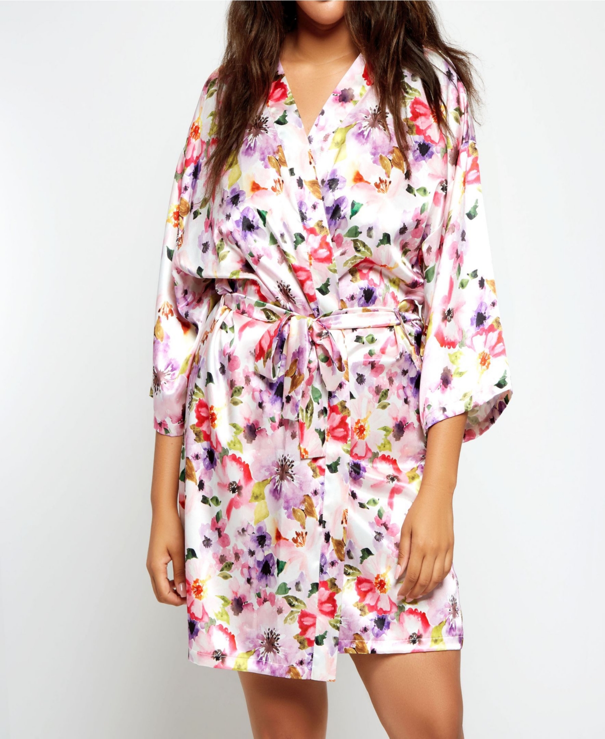 iCollection Plus Size Ella Floral Print Satin Robe, Online Only - Pink