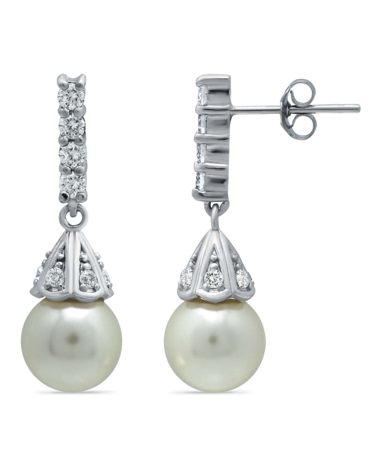 Imitation Pearl Cubic Zirconia Vintage Pyramid Style Drop Earrings Crafted Plate - Silver