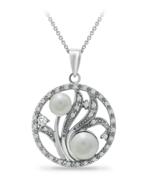 image of 6mm Multi White Imitation Pearls and Cubic Zirconia Floral Medallion Pendant on 18