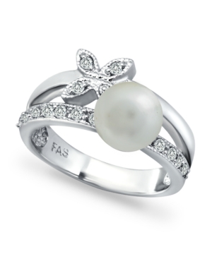 image of Imitation Pearl Cubic Zirconia Butterfly Ring in Fine Silver Plate