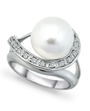 image of Imitation Pearl and Pave Cubic Zirconia Swirl Wrap Ring in Fine Silver Plate