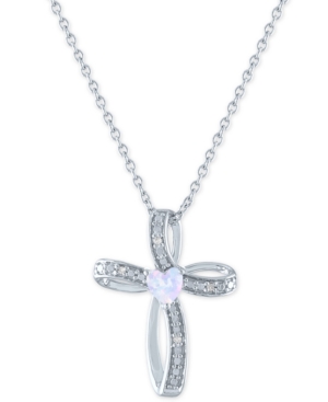 image of Lab-Created Opal (4mm) & Diamond Accent Cross Your Heart Pendant Necklace in Sterling Silver, 16