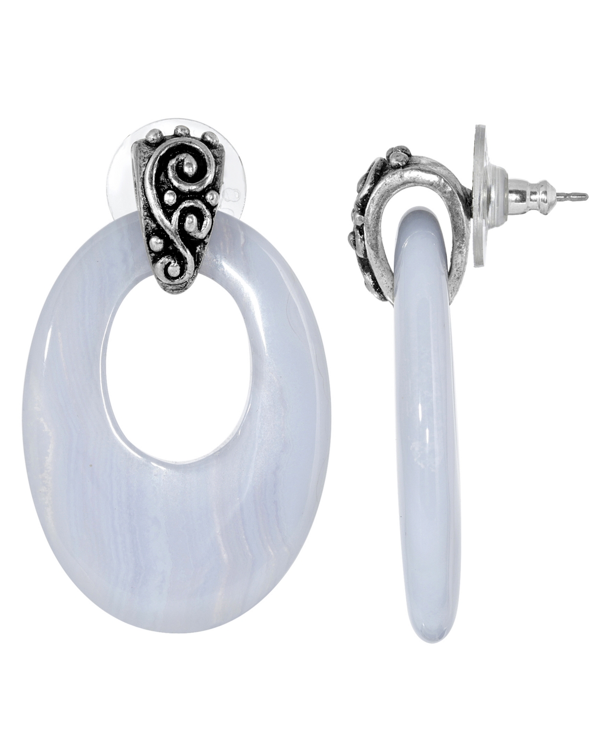 2028 Pewter Semi Precious Oval Lace Hoop Earrings In Blue