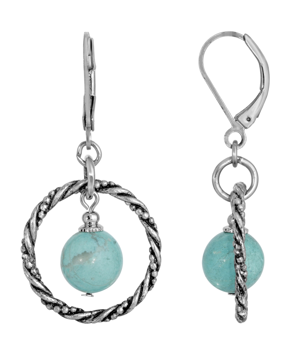 Silver-Tone Genuine Stone Turquoise Round Stone Hoop Earrings - Sapphire