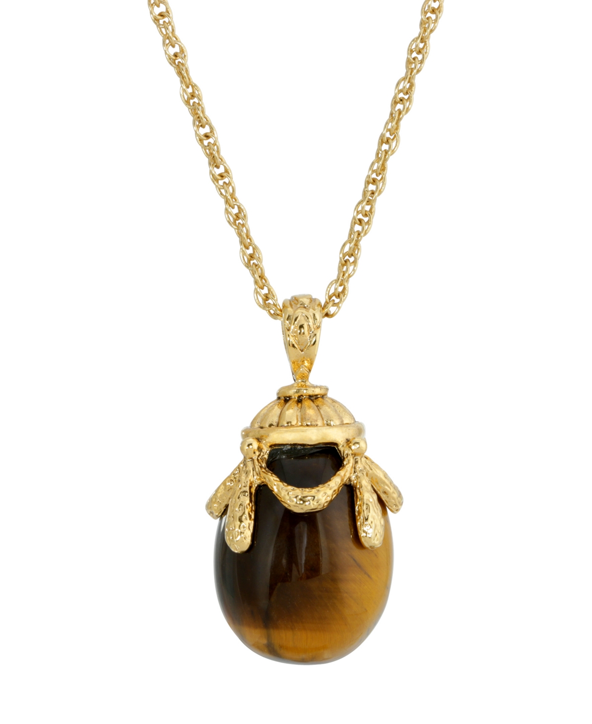 2028 14k Gold Plated Semi Precious Tigers Eye Egg Pendant Necklace In Brown