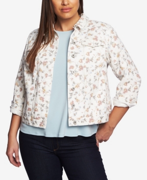 CeCe Women's Plus Small Duchess Printed Denim Jacket