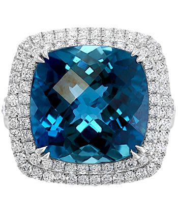 EFFY Collection - London Blue Topaz (12-1/3 ct. t.w.) & Diamond (1-1/5 ct. t.w.) Halo Statement Ring in 14k White Gold