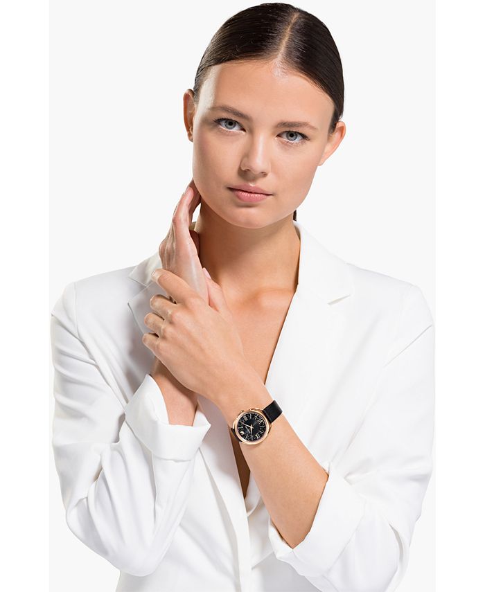 Swarovski Women's Swiss Crystalline Glam Black Leather Strap Watch 35mm ...