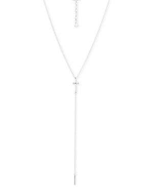 image of Lucky Brand Silver-Tone Cubic Zirconia Cross Lariat Necklace, 16-1/2