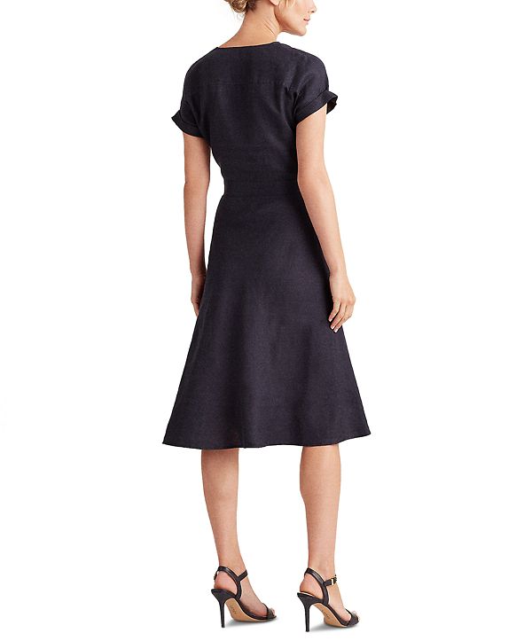 Ralph Lauren Women's Black Tie Herringbone 3/4 Sleeve V Neck MIDI Faux Wrap Party Dress Black Size 6