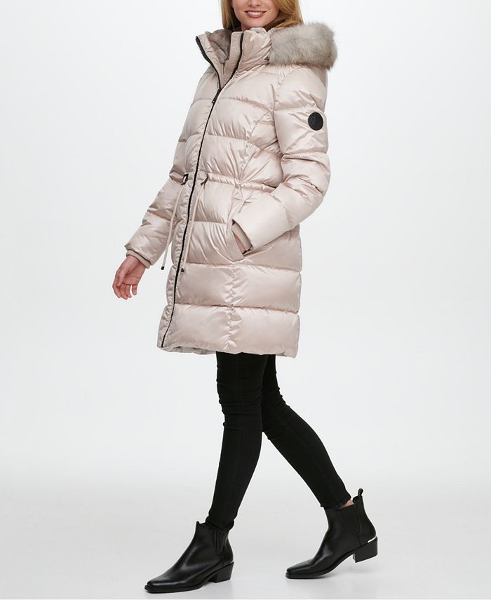 DKNY High-Shine Faux-Fur-Trim Hooded Puffer Coat, Created for Macy's ...