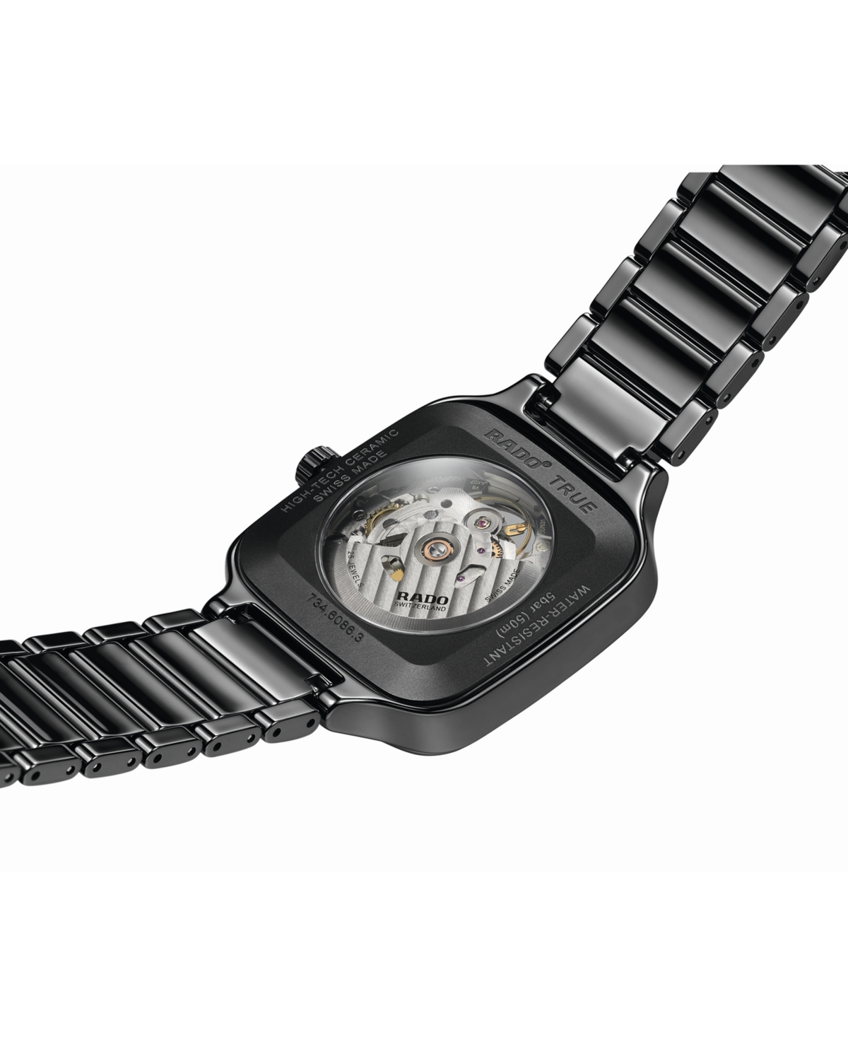 Shop Rado Unisex Swiss Automatic True Square Open Heart Black Ceramic Bracelet Watch 38x38mm