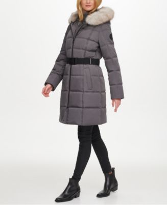 DKNY Belted Faux-Fur-Trim Hooded Puffer Coat - Macy's