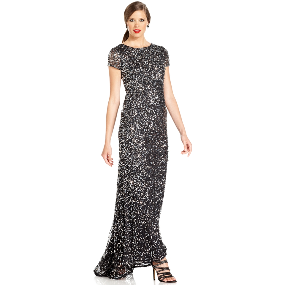 Adrianna Papell Short Sleeve Beaded Ombre Gown   Dresses   Women