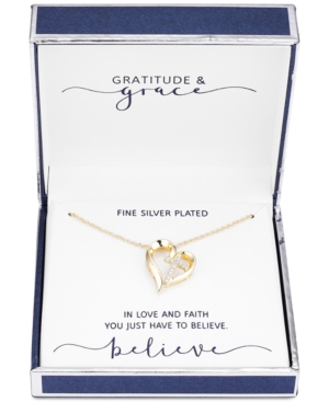 image of Gratitude & Grace Fine Silver Plated Cubic Zirconia Cross Heart Pendant Necklace in Gold, 16