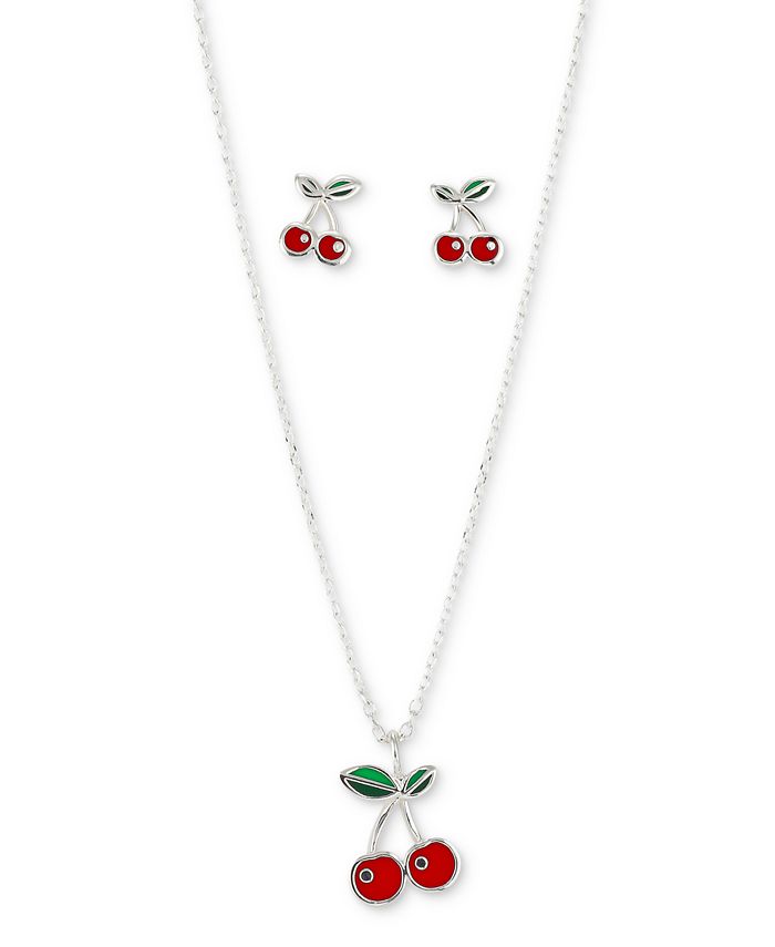 Unwritten 2Pc. Set Enamel Cherries Pendant Necklace & Matching Stud