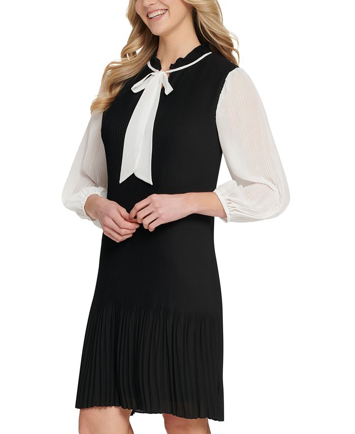 dkny long sleeve tie neck pleated shift dress