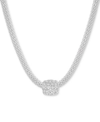 Cubic Zirconia Square Charm Mesh Link  Pendant Necklace in Sterling Silver, 18" + 2" extender