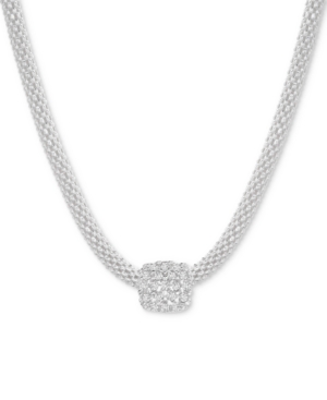 image of Cubic Zirconia Square Charm Mesh Link Pendant Necklace in Sterling Silver, 18