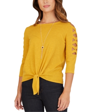 image of Bcx Juniors- Lattice-Sleeve Tie-Front Necklace Top