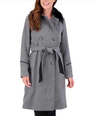 Vince Camuto Faux-Fur-Collar Double-Breasted Belted Coat - Macy's