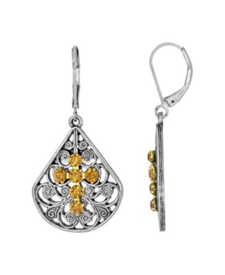 Pewter Fan Red Crystal Cross Earrings