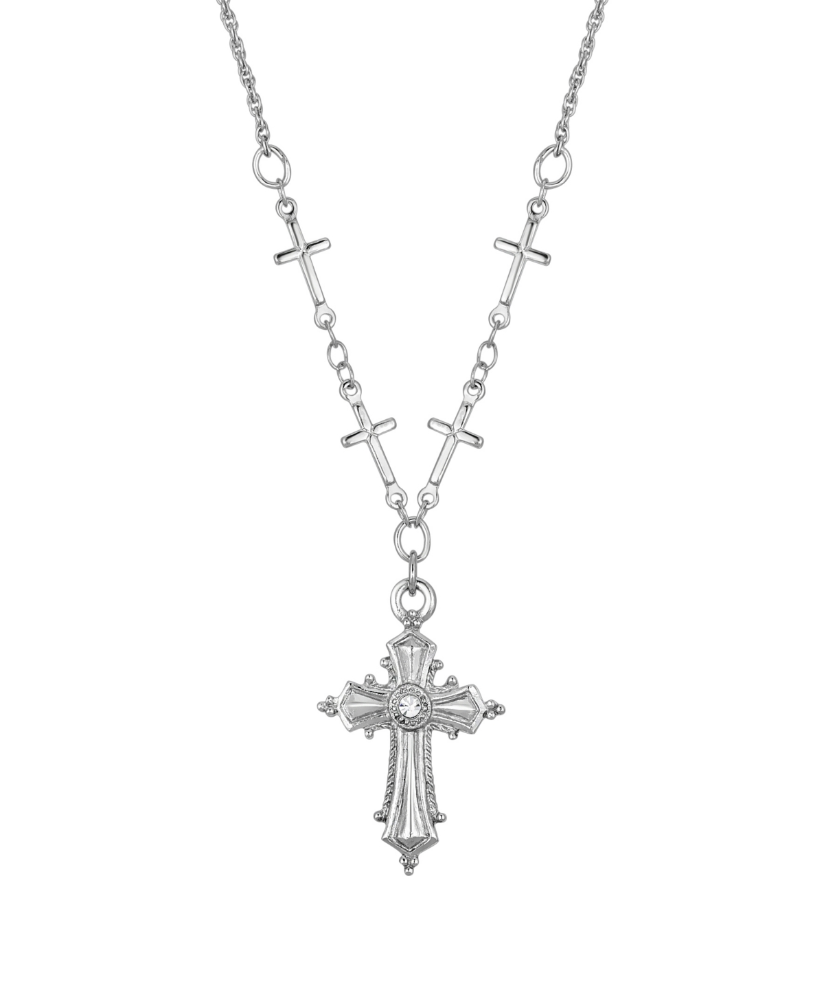 2028 Silver-tone Crystal Accent Cross Pendant 16" Adjustable Necklace In White