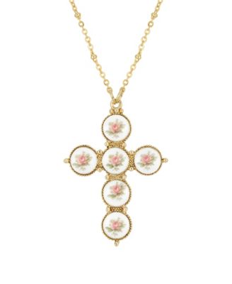 Gold-Tone Pink Flower Decal Cross 30" Necklace