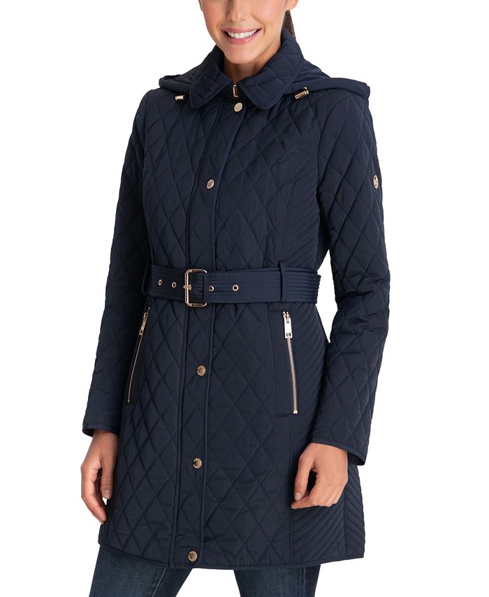 Michael Kors Women's Petite Hooded Belted Quilted Coat, Created for ...