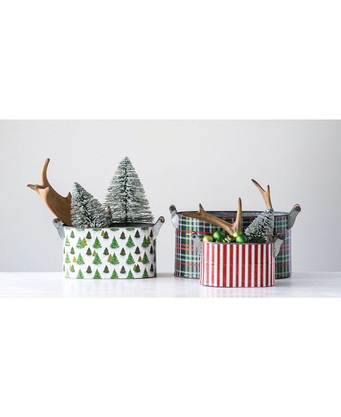 CREATIVE COOP INC Metal Buckets with Holiday Patterns Wood Handles Set