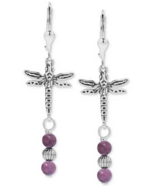 image of American West Rhodonite Dragonfly Drop Earrings in Sterling Silver