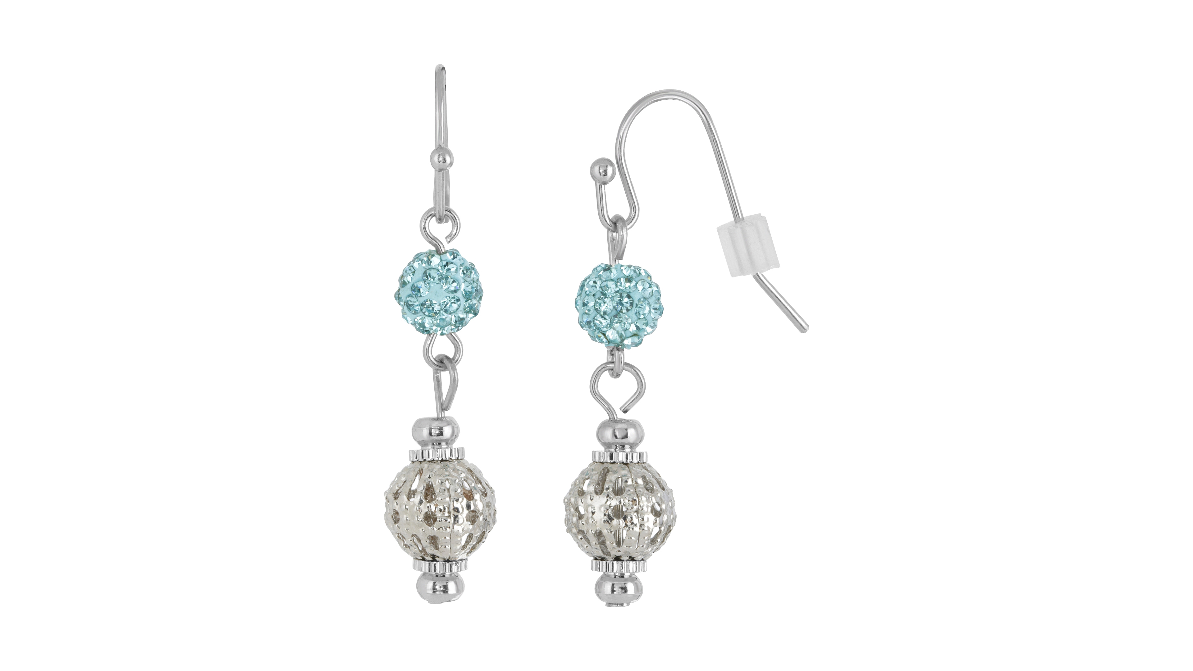 2028 Silver-Tone Aqua Fireball and Filigree Drop Earrings