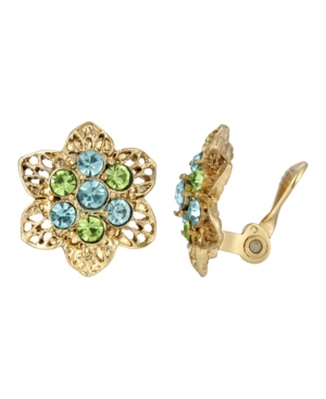 image of 2028 Gold-Tone Aqua and Green Crystals Flower Clip Earring