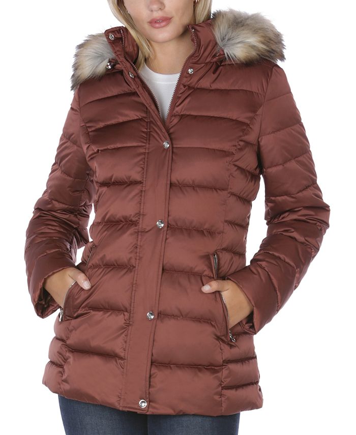 INC International Concepts INC Faux Fur Trim Hooded Puffer Coat
