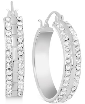 Crystal Small Double Row Hoop Earrings in Silver-Plate, 0.76"