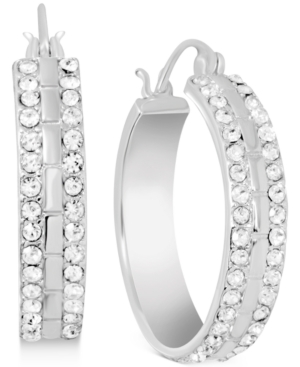 image of Essentials Crystal Small Double Row Hoop Earrings in Fine Silver-Plate, 0.76