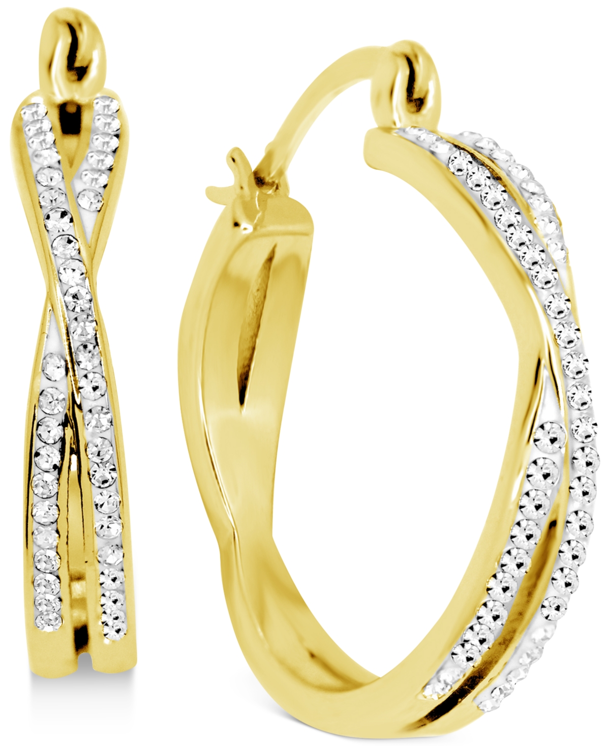 Crystal Small Crossover Hoop Earrings, 0.95" in Silver Plate or Gold Plate - Gold