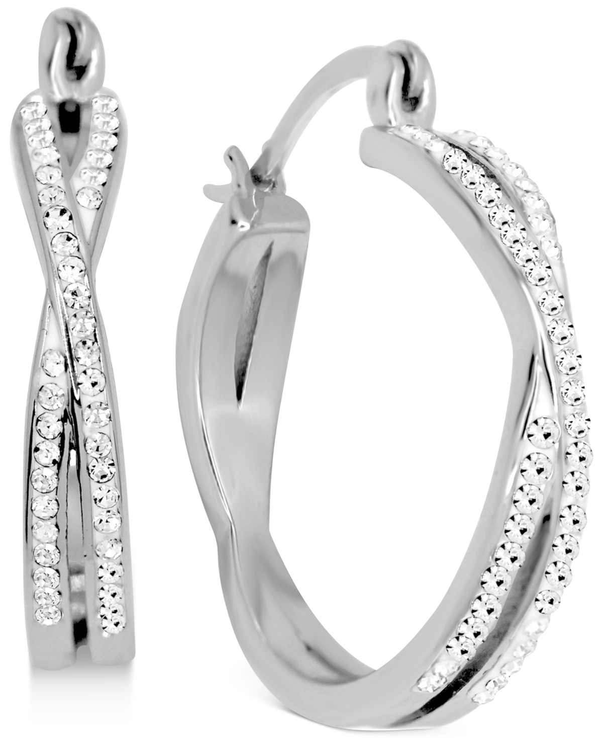 Crystal Small Crossover Hoop Earrings, 0.95" in Silver Plate or Gold Plate - Gold