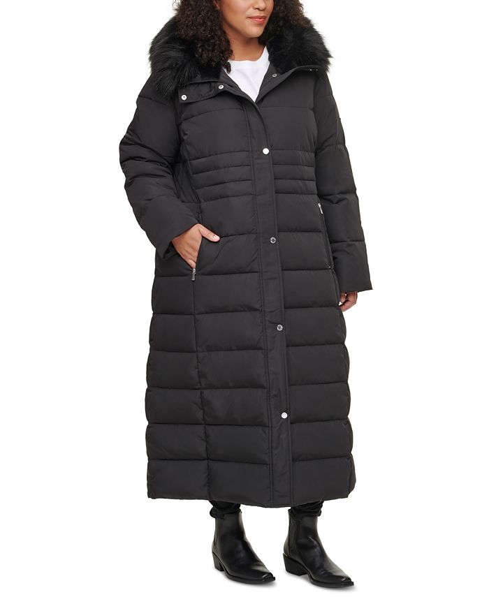 Calvin Klein Plus Size Faux-Fur-Trim Hooded Maxi Puffer Coat - Macy's