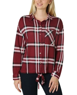 image of Polly & Esther Juniors- Tie-Front Cozy Plaid Shirt