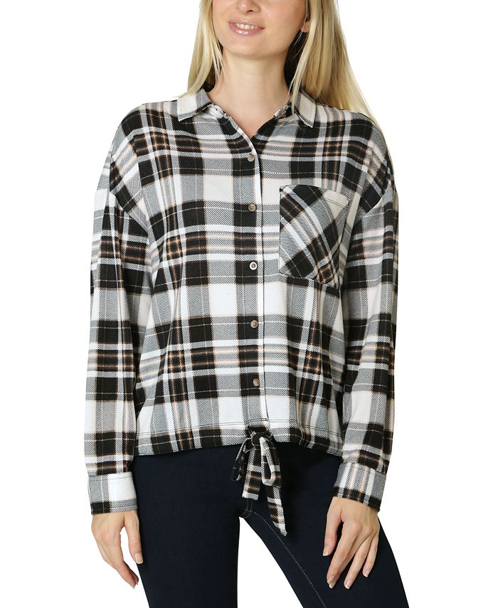 Polly & Esther Juniors' Tie-Front Cozy Plaid Shirt - Macy's