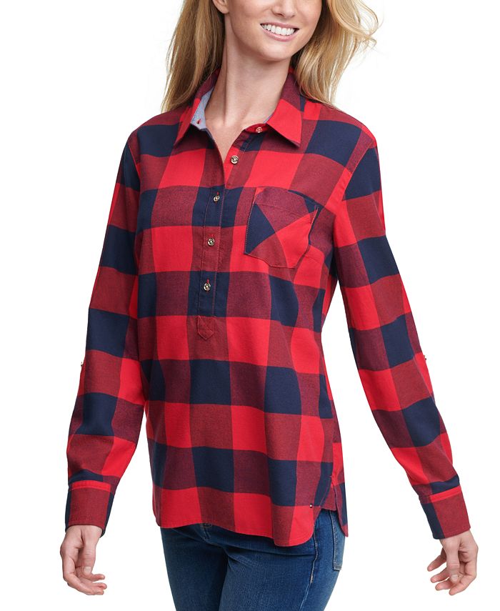 Tommy Hilfiger Plaid Cotton Roll-Tab-Sleeve Top - Macy's
