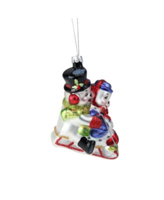 Cheerful Sledding Snowmen Couple Glass Christmas Ornament