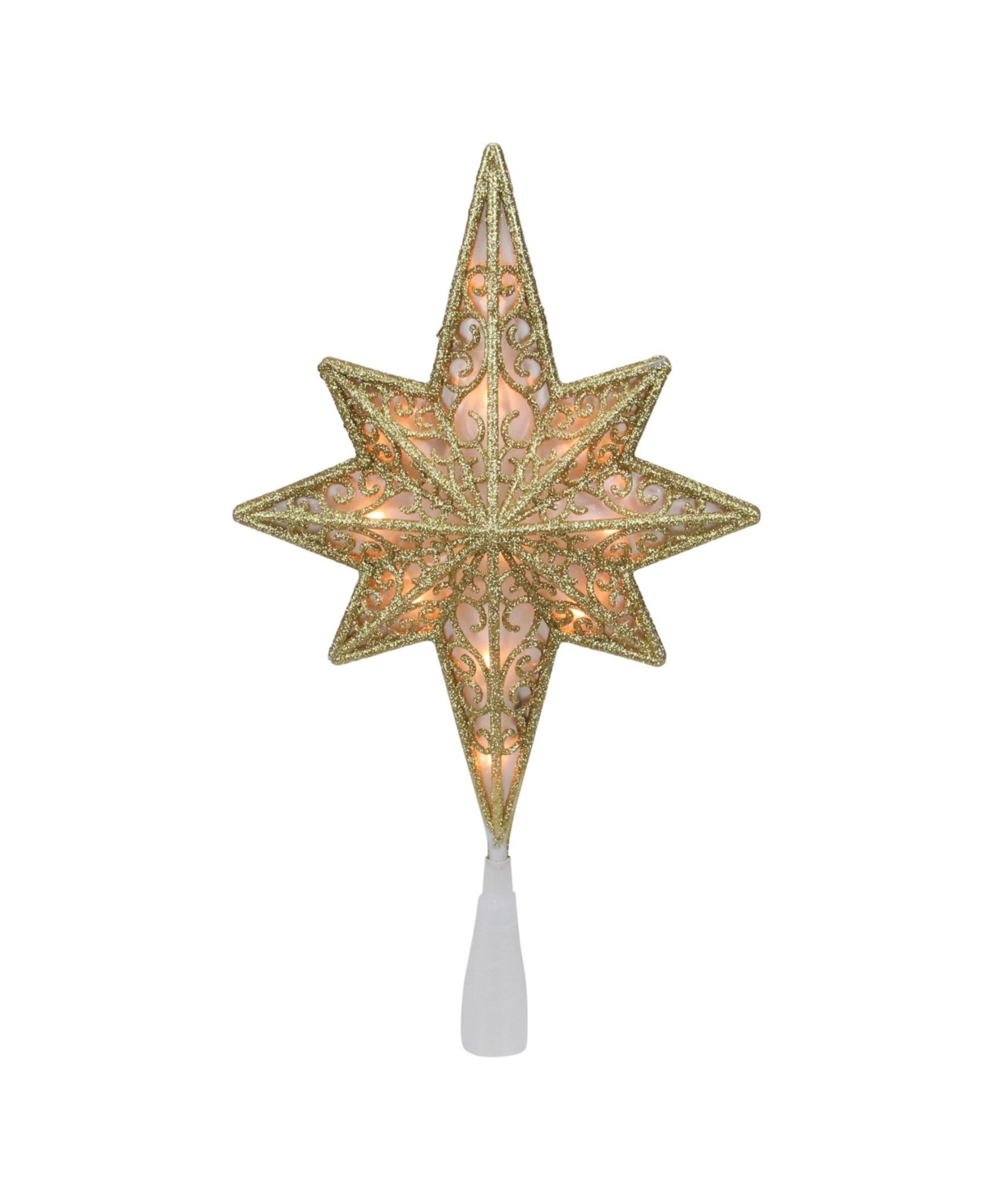 Lighted Gold Tone Frosted Star Of Bethlehem with Scrolling Christmas Tree Topper - Gold