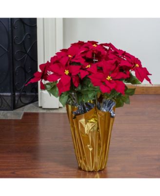Red Artificial Christmas Poinsettia with Gold Tone Wrapped Pot