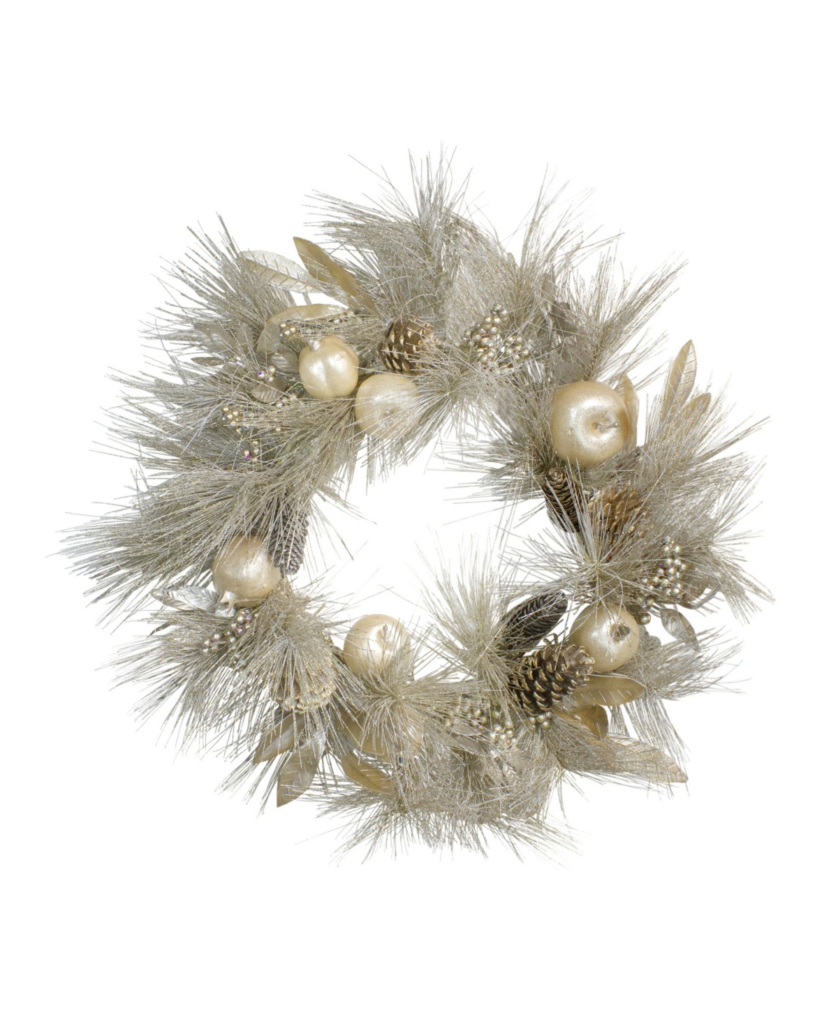 Unlit Champagne Gold Tone Pomegranate and Apple Pine Needle Christmas Wreath - Gold