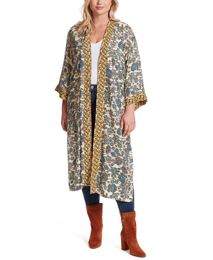 Jessica Simpson Trendy Plus Size Mixed-Print Open-Front Duster - Macy's