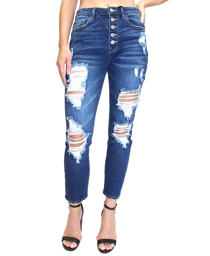 Almost Famous Juniors' Button-Fly Destructed High-Rise Mom Jeans - Macy's