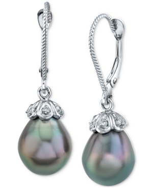 image of Cultured Tahitian Pearl (9mm) & Diamond Accent Drop Earrings In 14k White Gold